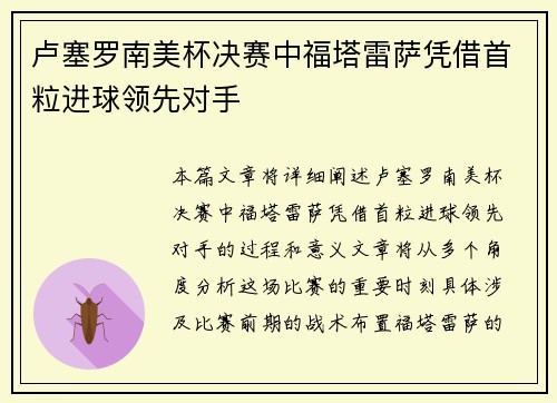 卢塞罗南美杯决赛中福塔雷萨凭借首粒进球领先对手 卢塞罗南美杯决赛中福塔雷萨凭借首粒进球领先对手