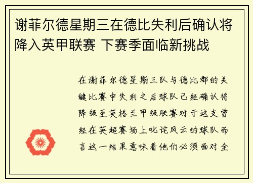 谢菲尔德星期三在德比失利后确认将降入英甲联赛 下赛季面临新挑战 谢菲尔德星期三在德比失利后确认将降入英甲联赛 下赛季面临新挑战